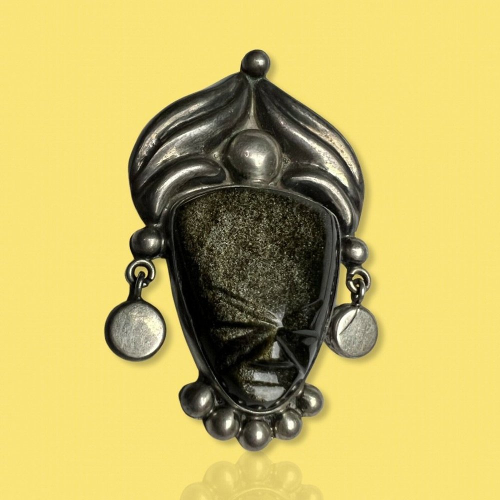 ERR Mexico Sterling 925 Brooch Pendant Carved Aztec Warrior Face Green Onyx?